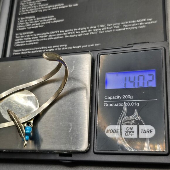 VTG Southwestern Sterling Silver Bracelet 6.75" Crushed Turquoise Feather Charm - Picture 11 of 15